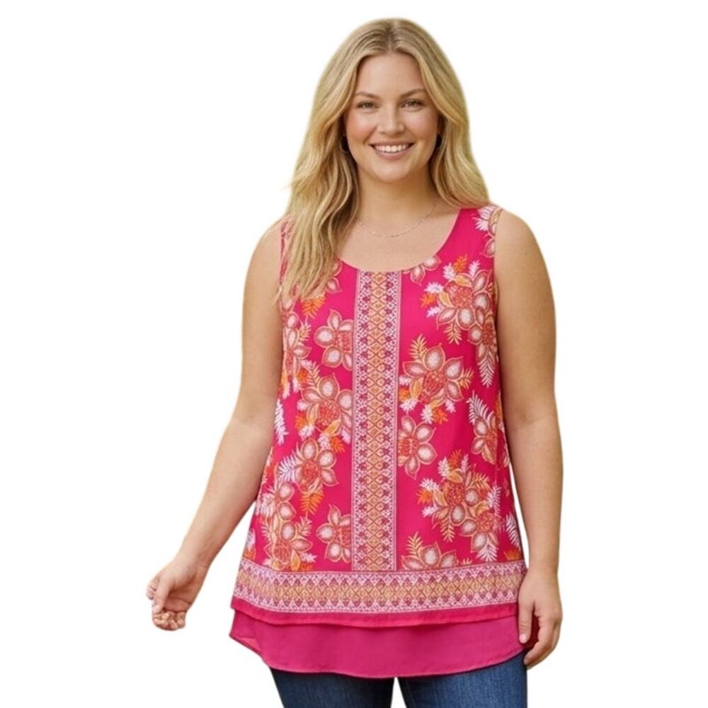 Rose & Olive Floral Sleeveless Top Womens Size 1X Hot Pink Layered Shell Tank